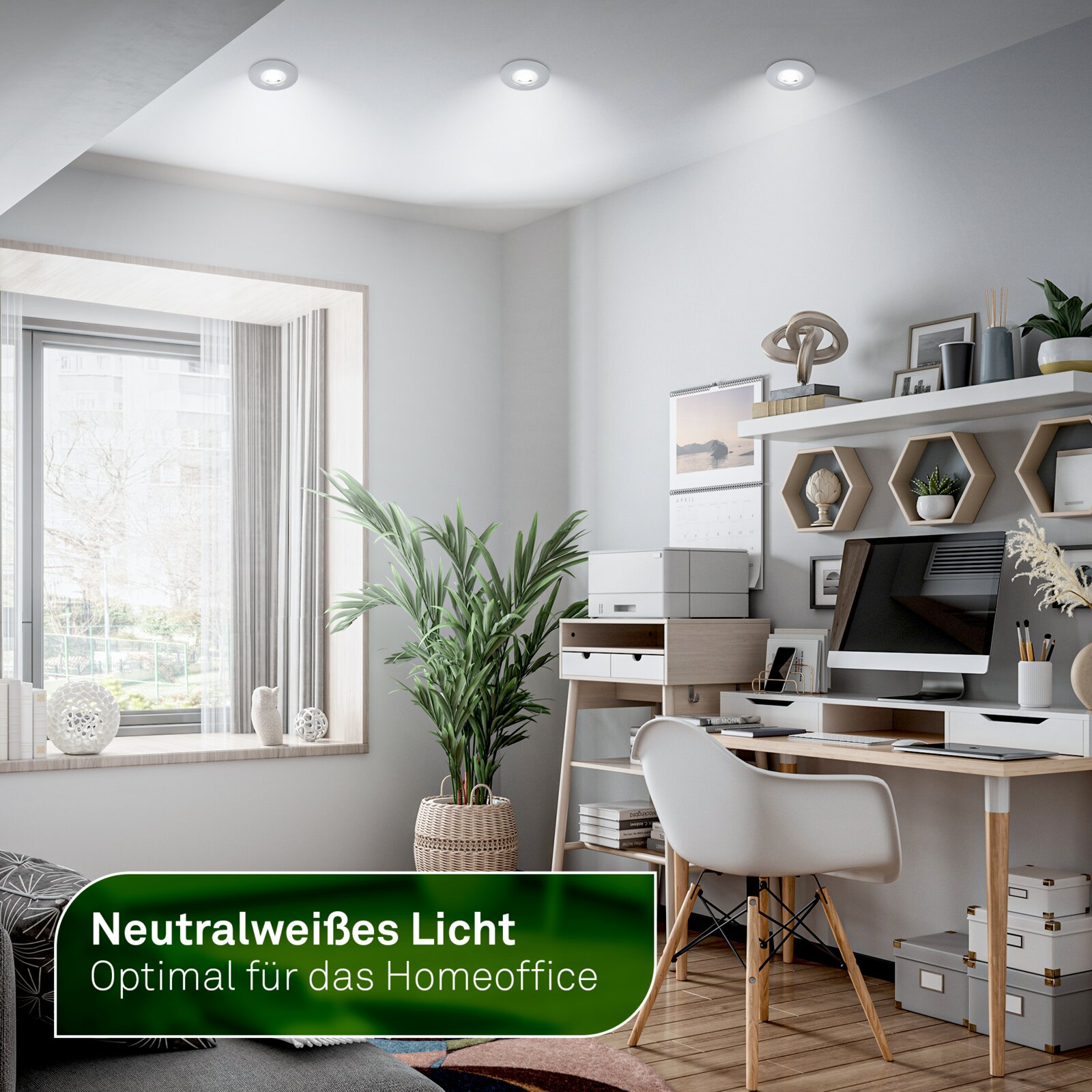 Drei runde Deckeneinbaustrahler mit neutralweißem Licht in einem modernen Homeoffice, aus leichter Untersicht in der Raumperspektive gezeigt