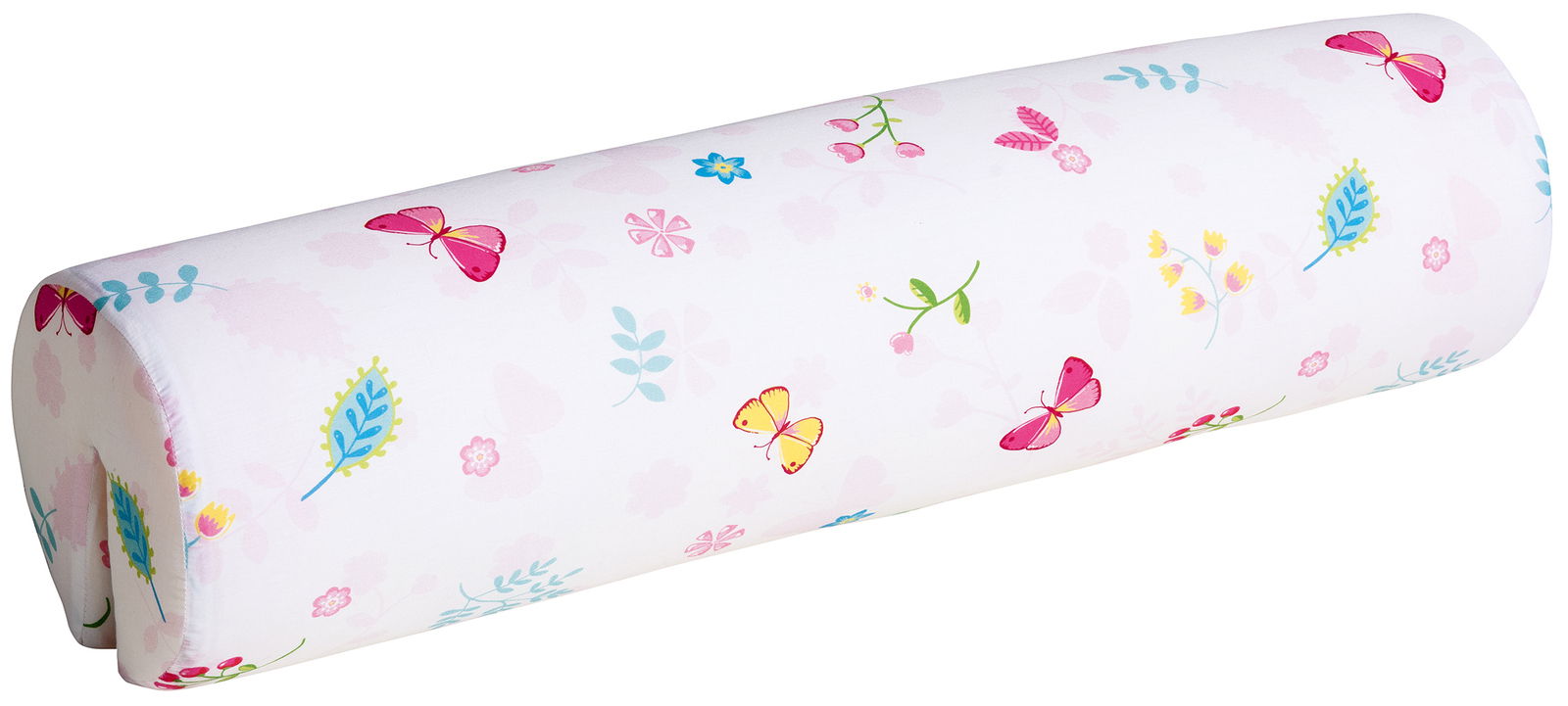 Komfortrolle mit buntem Schmetterlings- und Blumenmuster, seitliche Perspektive