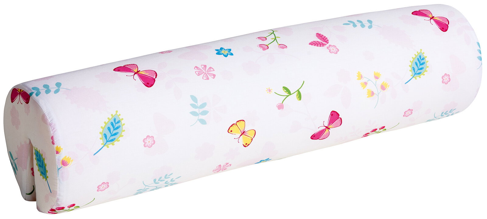 Komfortrolle mit buntem Schmetterlings- und Blumenmuster, seitliche Perspektive