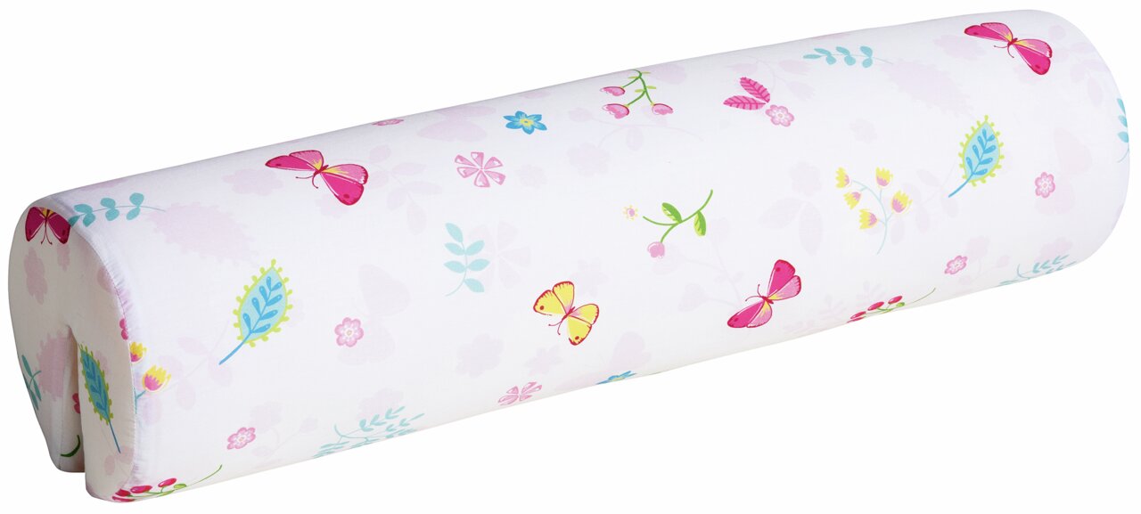 Komfortrolle mit buntem Schmetterlings- und Blumenmuster, seitliche Perspektive