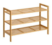 Schuhregal aus Holz mit drei Ablagen, seitliche Perspektive