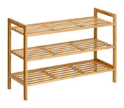 Schuhregal aus Holz mit drei Ablagen, seitliche Perspektive