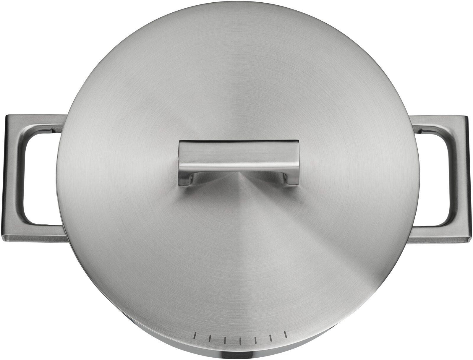 Edelstahl-Kochtopf mit Deckel und zwei seitlichen Griffen, Draufsicht von oben auf den geschlossenen Topf