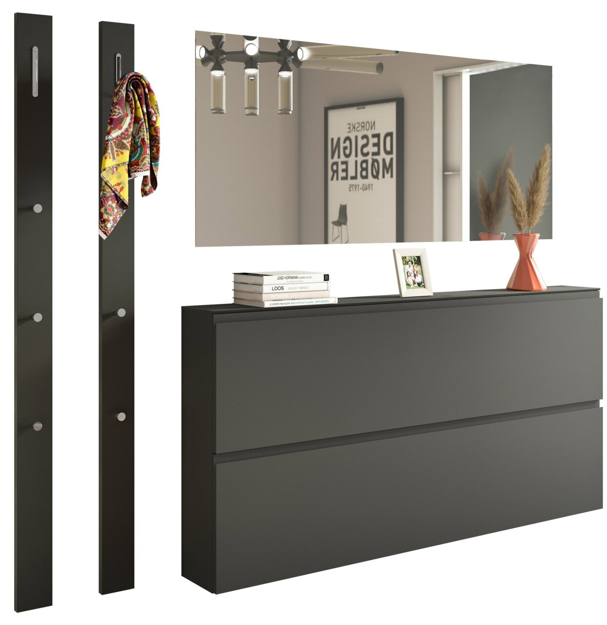 Moderano Garderoben-Set LECCO Modernes Garderobenset mit zwei schwarzen Wandpaneelen, einem großen Spiegel und einer schwarzen Kommode, seitliche Perspektive.