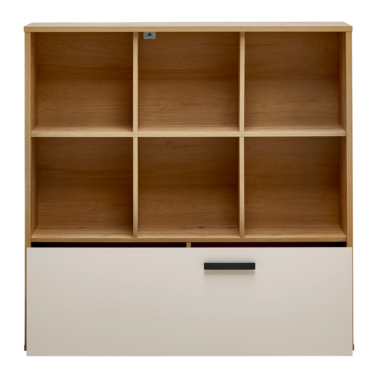 Frontale Ansicht eines Bücherregals mit sechs offenen Fächern und einer großen Schublade unten, Holzoptik.