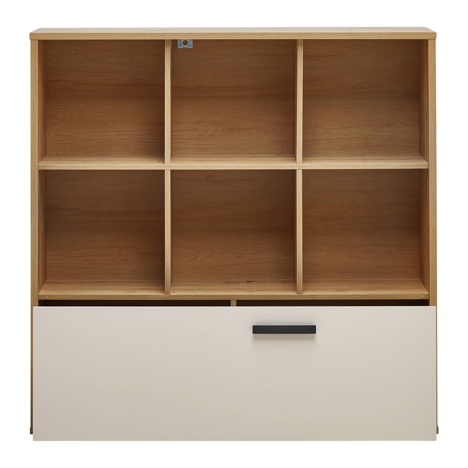 Frontale Ansicht eines Bücherregals mit sechs offenen Fächern und einer großen Schublade unten, Holzoptik.