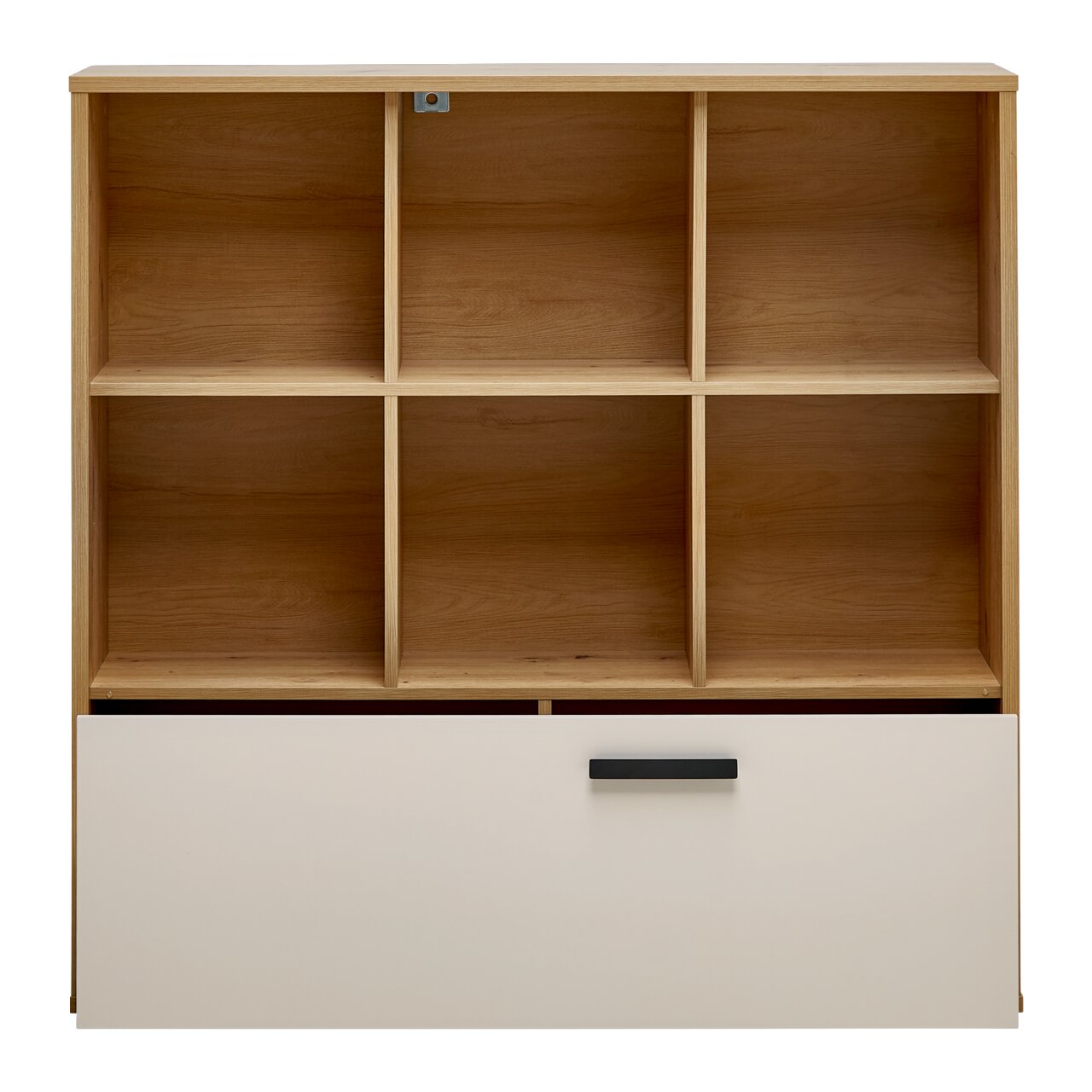 Vooraanzicht van een boekenkast met zes open vakken en een grote lade onderaan, in houtlook.