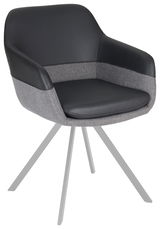 Moderner Sessel mit schwarzem Kunstleder und grauem Stoffbezug, auf vier Metallbeinen, seitliche Perspektive.