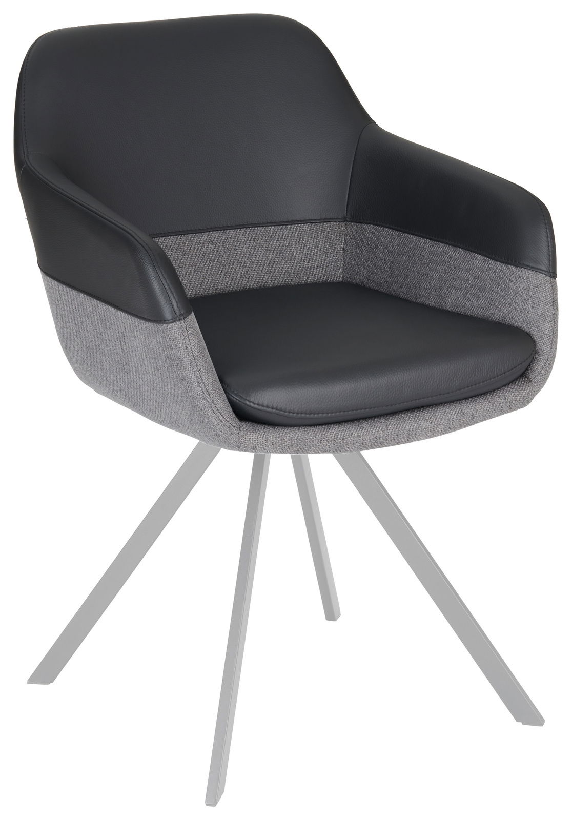 Novel Sessel WESLEY Moderner Sessel mit schwarzem Kunstleder und grauem Stoffbezug, auf vier Metallbeinen, seitliche Perspektive.