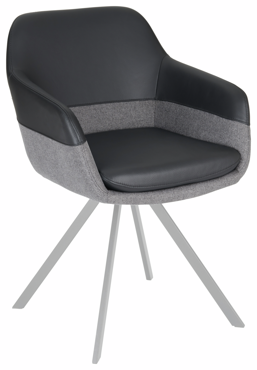 Novel Sessel WESLEY Moderner Sessel mit schwarzem Kunstleder und grauem Stoffbezug, auf vier Metallbeinen, seitliche Perspektive.