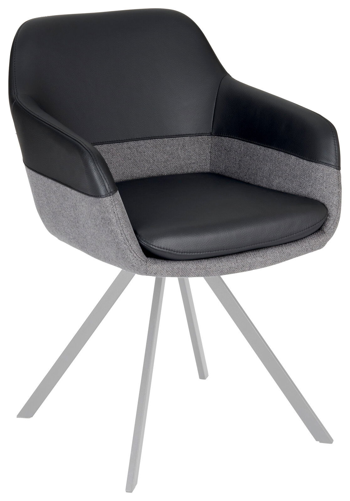 Novel Sessel WESLEY Moderner Sessel mit schwarzem Kunstleder und grauem Stoffbezug, auf vier Metallbeinen, seitliche Perspektive.