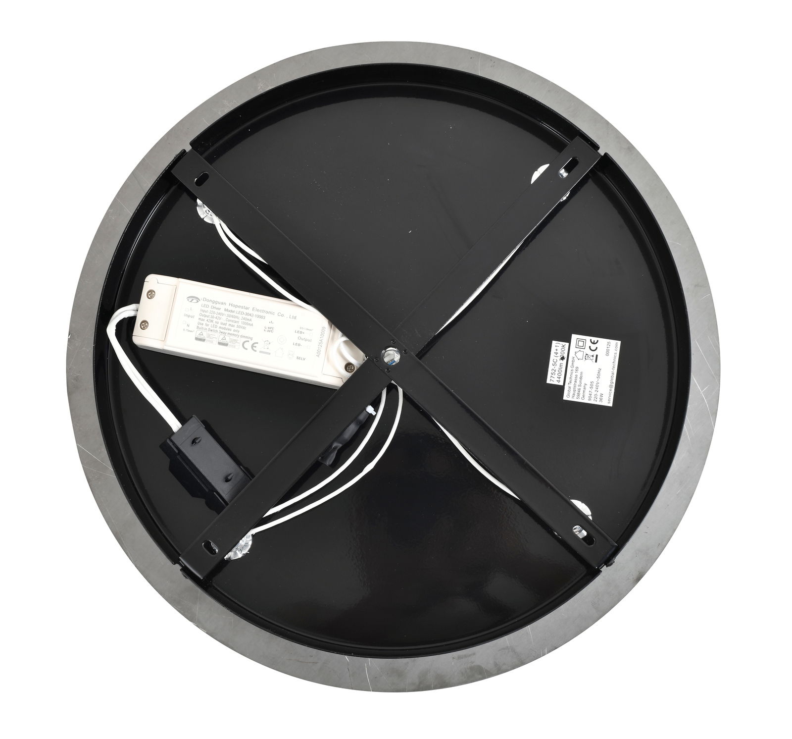 Rückansicht einer runden LED-Deckenleuchte mit sichtbarer Verkabelung und Montagehalterung.