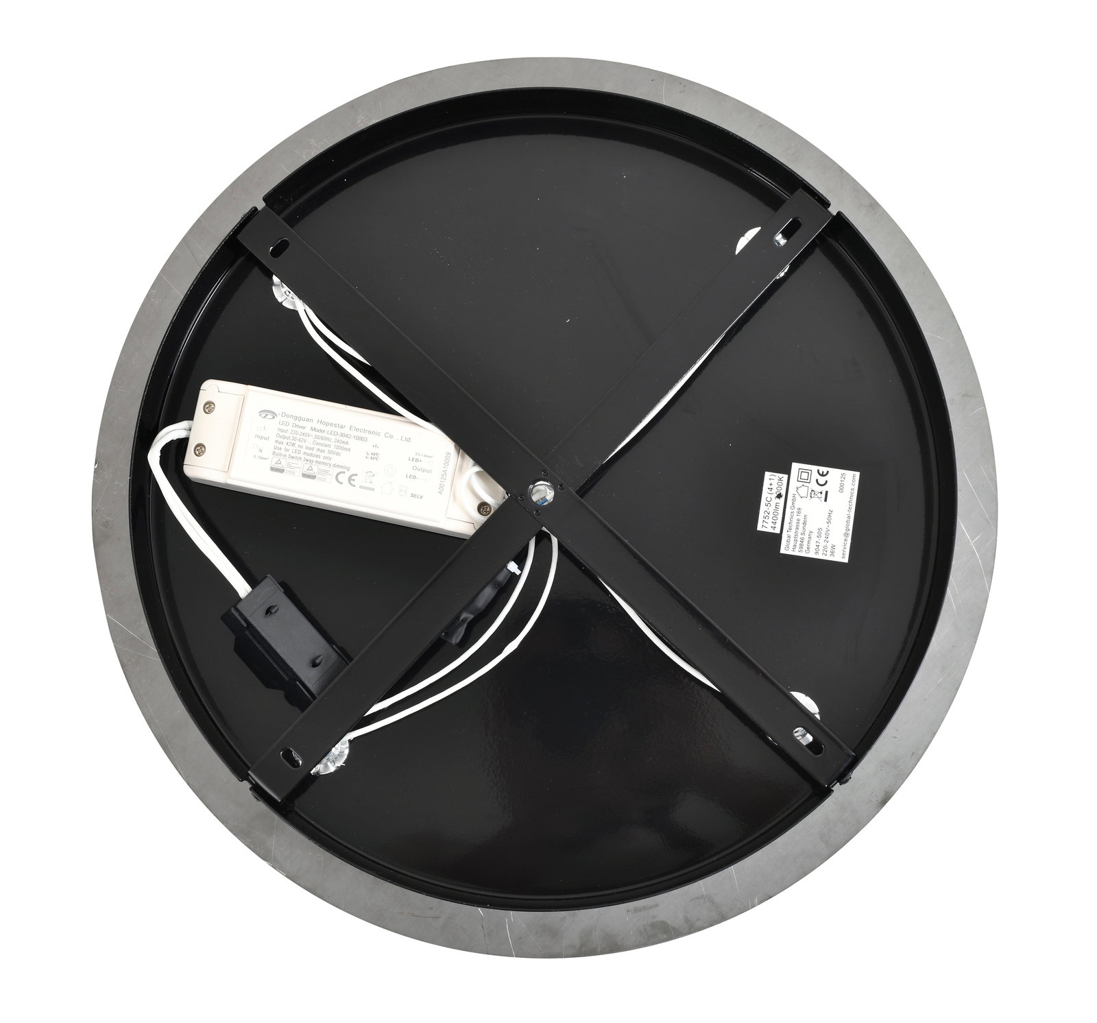 Rückansicht einer runden LED-Deckenleuchte mit sichtbarer Verkabelung und Montagehalterung.