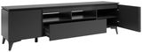 Schwarzes TV-Lowboard mit offenen Türen und Schublade, seitliche Perspektive
