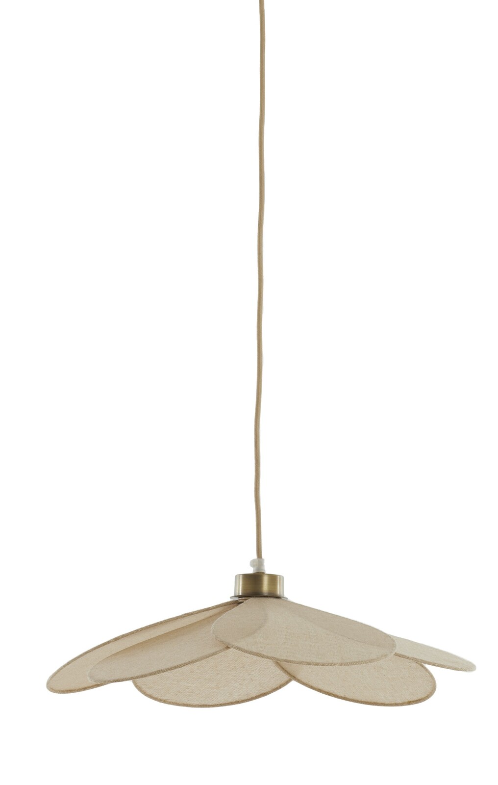 Hängeleuchte mit blütenförmigem Schirm aus beigem Stoff, seitliche Perspektive