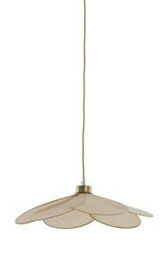 Hängeleuchte mit blütenförmigem Schirm aus beigem Stoff, seitliche Perspektive