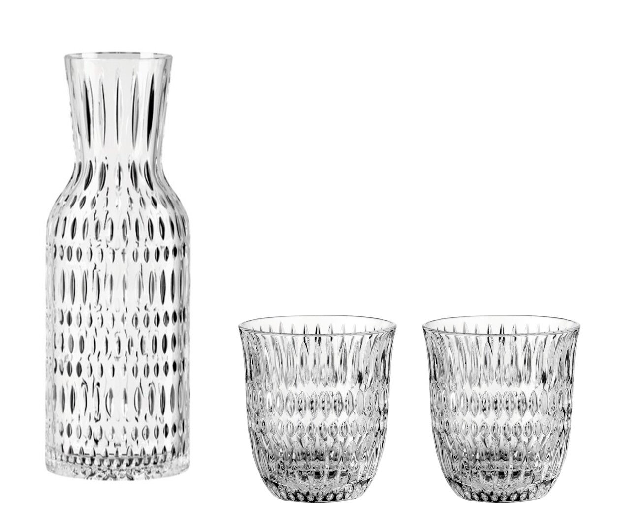 Klares Wasserset bestehend aus einer Karaffe und zwei Gläsern mit elegantem, strukturiertem Design, frontal abgebildet.