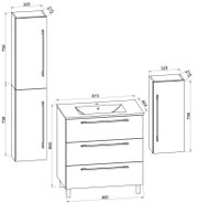 Technische Maßzeichnung eines Badezimmermöbel-Sets mit Waschtischunterschrank (ca. 810 mm Breite, 464 mm Tiefe, 860 mm Höhe) und zwei Hochschränken (je ca. 326 mm Breite, 215 mm Tiefe, 756 mm Höhe), perspektivische Ansicht von schräg vorne.