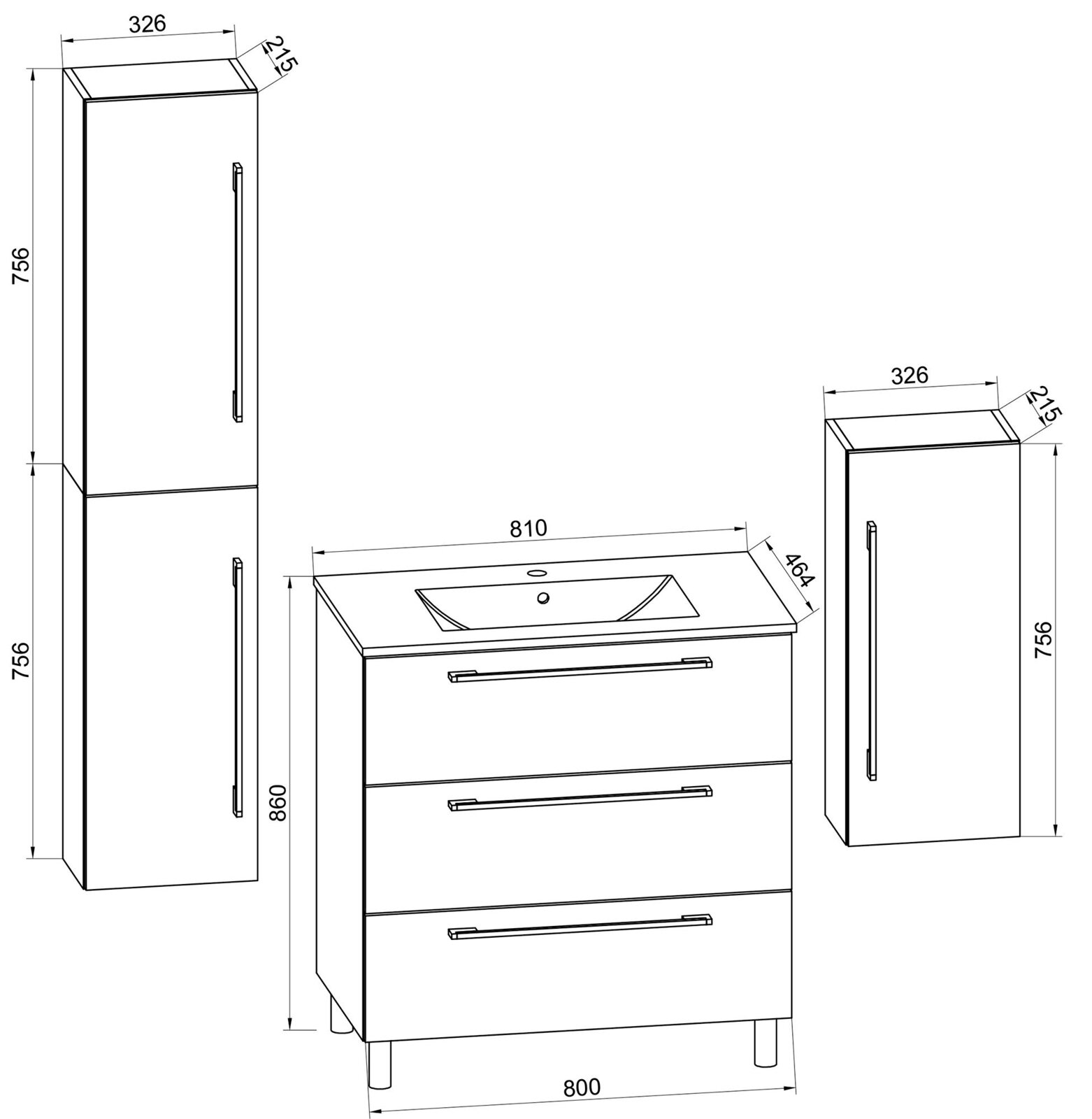 Technische Maßzeichnung eines Badezimmermöbel-Sets mit Waschtischunterschrank (ca. 810 mm Breite, 464 mm Tiefe, 860 mm Höhe) und zwei Hochschränken (je ca. 326 mm Breite, 215 mm Tiefe, 756 mm Höhe), perspektivische Ansicht von schräg vorne.