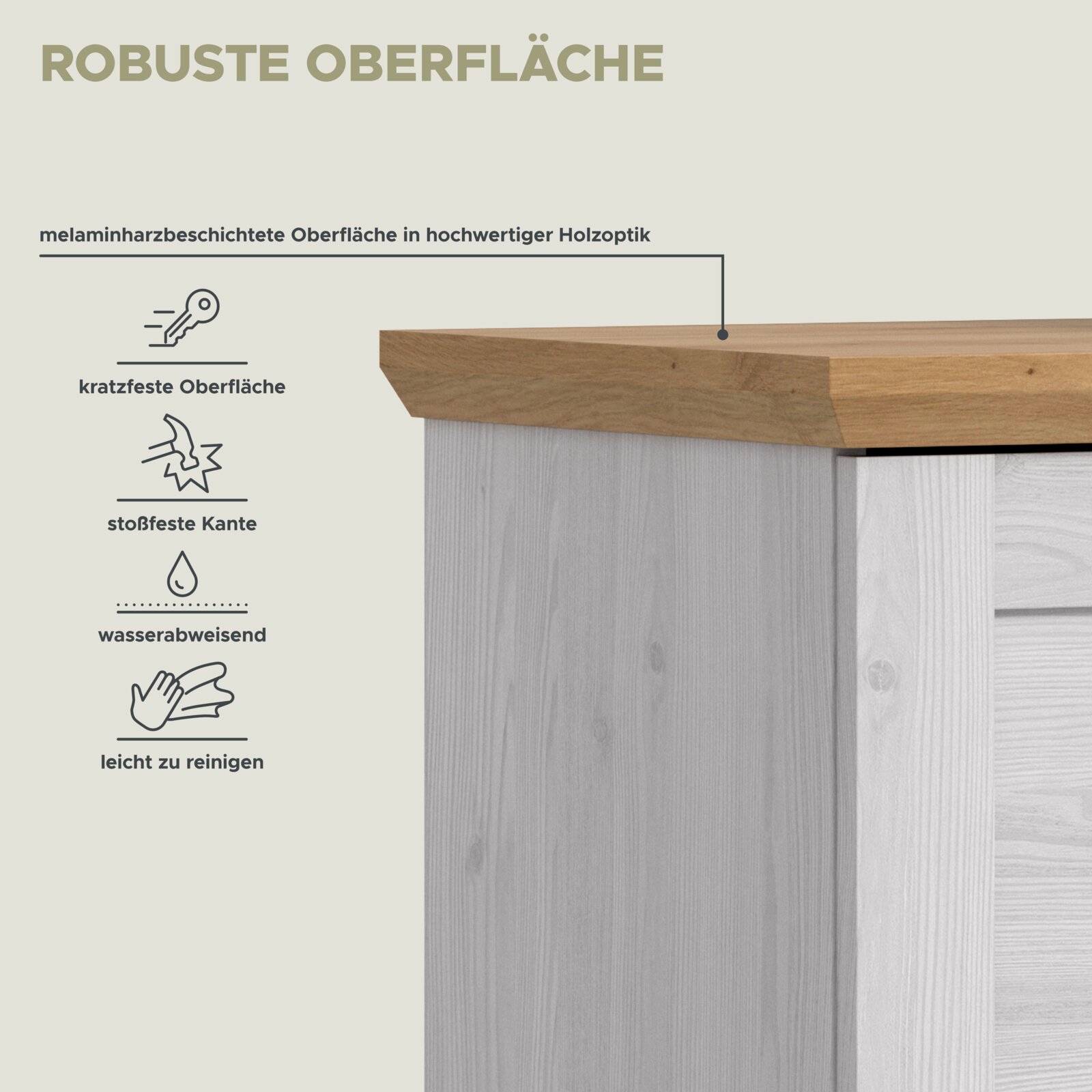 Detailansicht aus leicht schräger Front-/Seitenperspektive: robuste, melaminharzbeschichtete Holzoptik-Oberfläche eines Möbelstücks mit kratzfester, stoßfester, wasserabweisender und leicht zu reinigender Kante