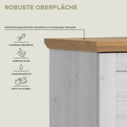 Detailansicht aus leicht schräger Front-/Seitenperspektive: robuste, melaminharzbeschichtete Holzoptik-Oberfläche eines Möbelstücks mit kratzfester, stoßfester, wasserabweisender und leicht zu reinigender Kante