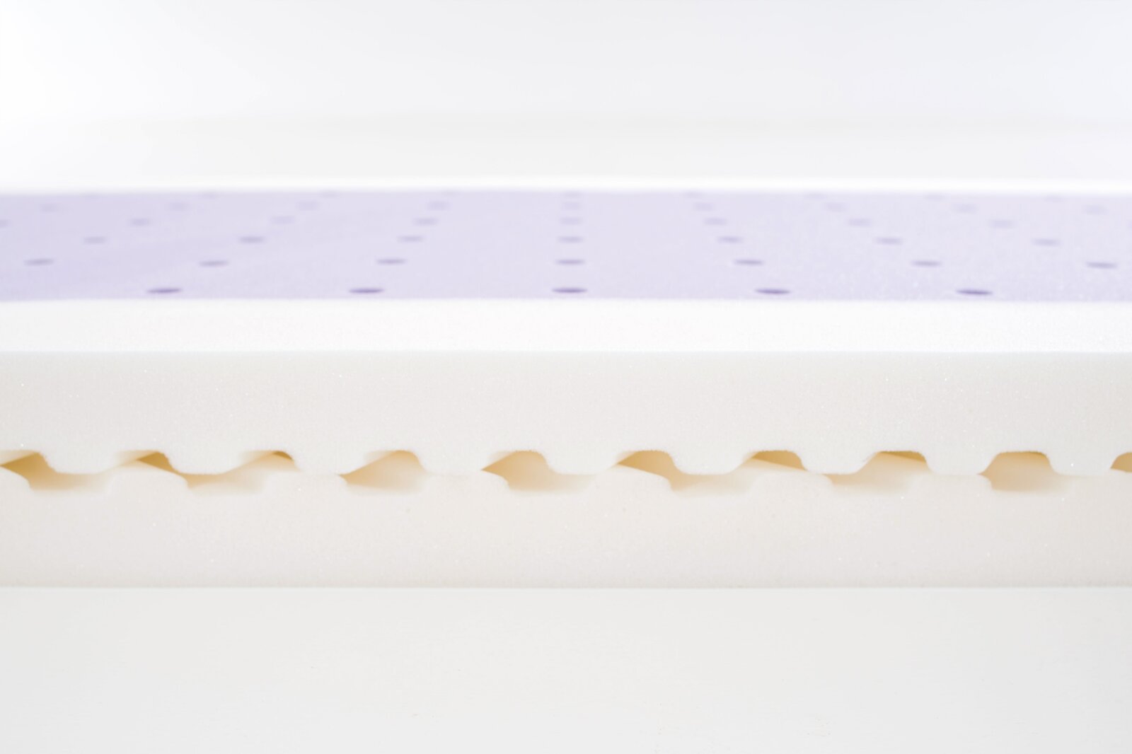 Close-up zijaanzicht van een witte schuimmatras met geprofileerde golfstructuur en een lichtpaarse toplaag met perforaties