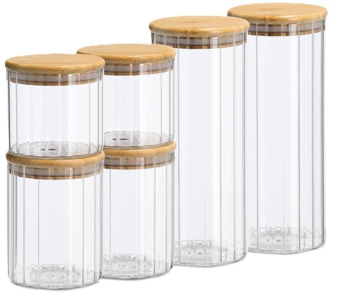 Zeller Present Set van 6 ronde voorraadpotten Vier doorzichtige voorraadpotten/potten met bamboedeksels in verschillende maten, licht schuin van voren (vooraanzicht) gefotografeerd.