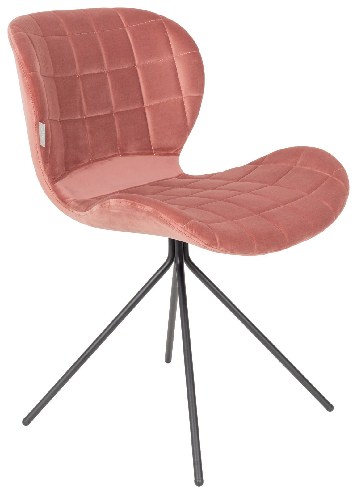 Moderner rosa Stuhl mit gepolsterter Sitzfläche und schwarzem Metallgestell, seitliche Perspektive