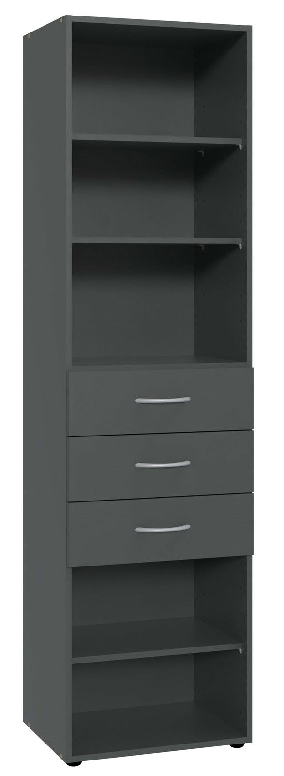 Hohes, graues Regal mit mehreren offenen Fächern und drei Schubladen, Frontalansicht