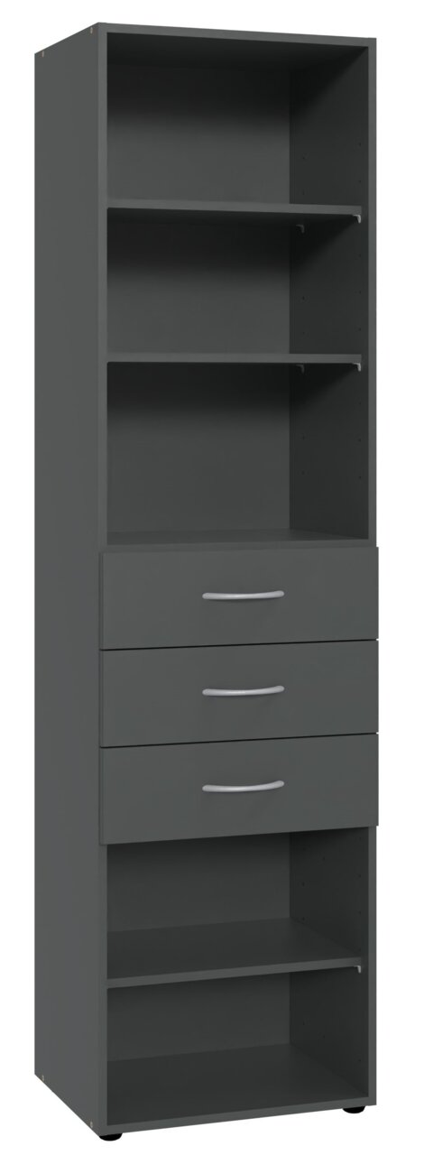 XORA Regal hoch MULTIRAUMKONZEPT Hohes, graues Regal mit mehreren offenen Fächern und drei Schubladen, Frontalansicht