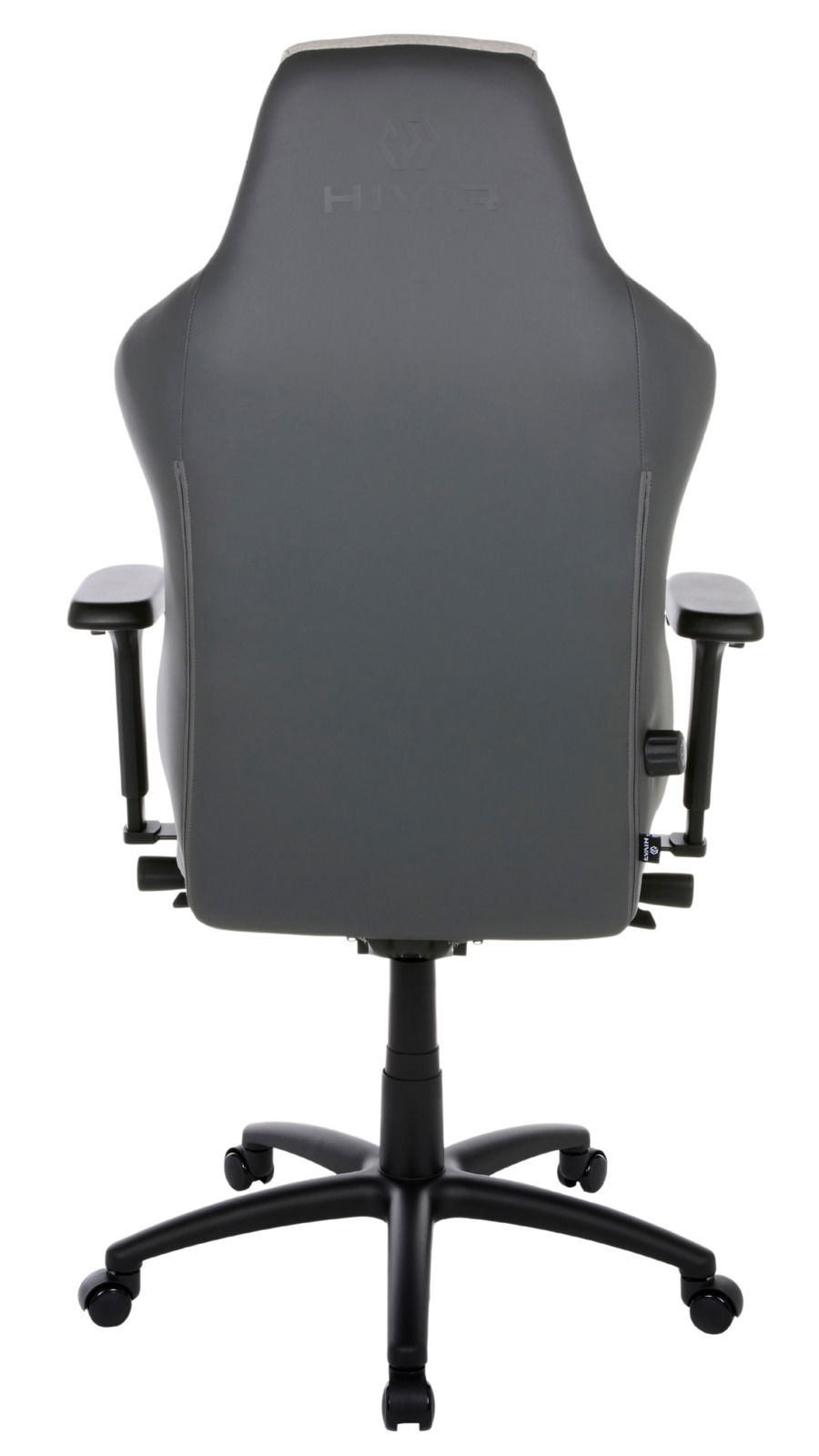 Rückansicht eines grauen Gaming-Stuhls mit Armlehnen und Rollen