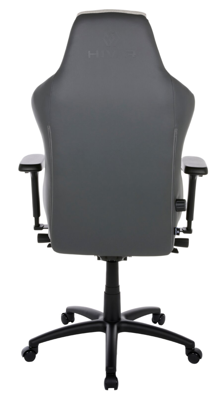 Rückansicht eines grauen Gaming-Stuhls mit Armlehnen und Rollen