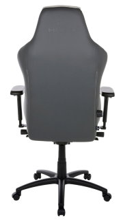 Rückansicht eines grauen Gaming-Stuhls mit Armlehnen und Rollen