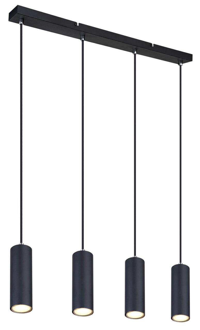 Globo Lighting Hängeleuchte ROBBY Moderne schwarze Hängeleuchte mit vier zylindrischen Lampenschirmen, seitliche Perspektive