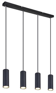 Moderne schwarze Hängeleuchte mit vier zylindrischen Lampenschirmen, seitliche Perspektive