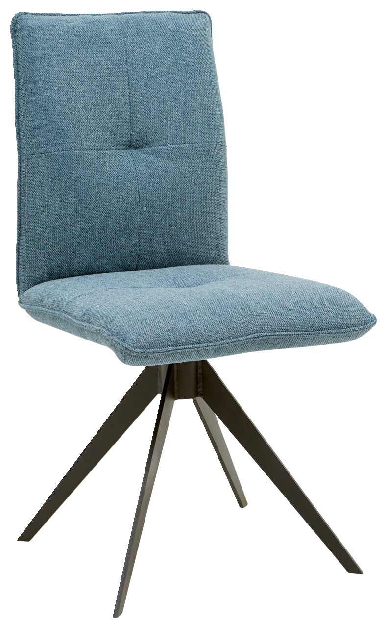 Moderner blauer Stuhl mit gepolsterter Sitzfläche und Rückenlehne, auf einem schwarzen Metallgestell, seitliche Perspektive