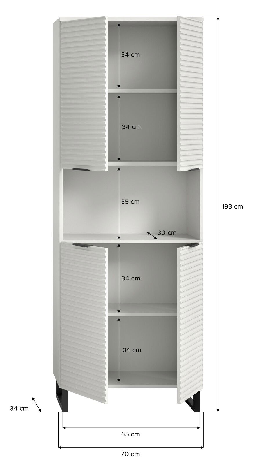 Hochschrank mit offenen Türen, vier Fächer, weiße geriffelte Oberfläche, Maße: 193 cm hoch, 70 cm breit, 34 cm tief, Frontansicht.
