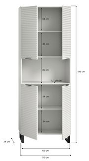 Hochschrank mit offenen Türen, vier Fächer, weiße geriffelte Oberfläche, Maße: 193 cm hoch, 70 cm breit, 34 cm tief, Frontansicht.