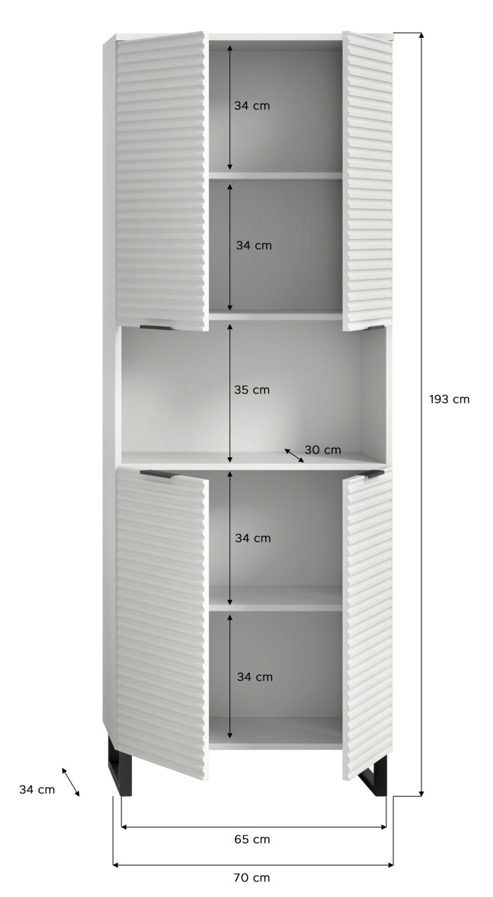 Hochschrank mit offenen Türen, vier Fächer, weiße geriffelte Oberfläche, Maße: 193 cm hoch, 70 cm breit, 34 cm tief, Frontansicht.