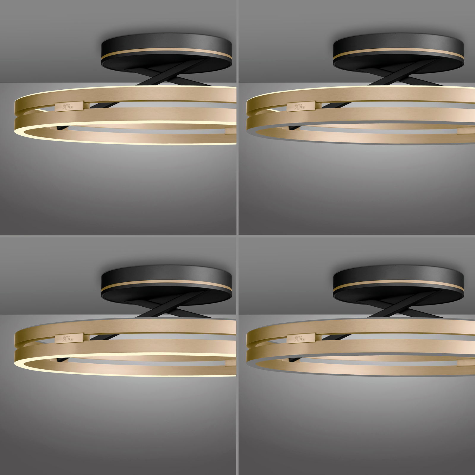 Moderne Deckenleuchte PURE Loop in Gold und Schwarz, seitliche Perspektive.