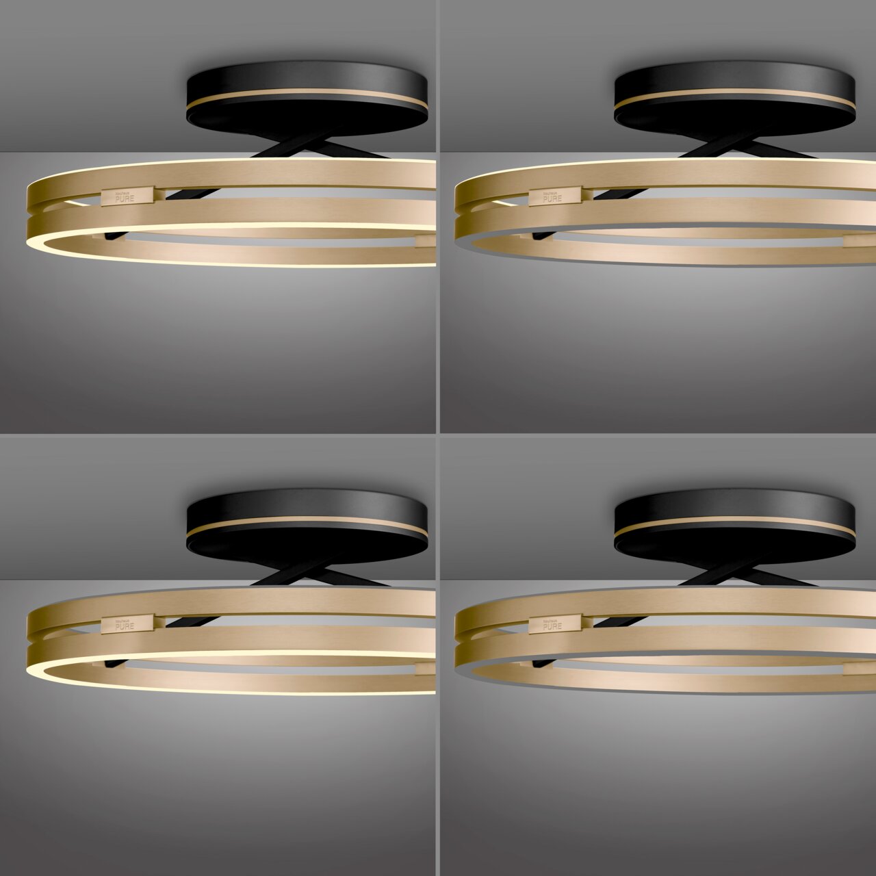 Moderne Deckenleuchte PURE Loop in Gold und Schwarz, seitliche Perspektive.