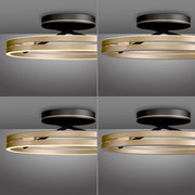 Moderne Deckenleuchte PURE Loop in Gold und Schwarz, seitliche Perspektive.