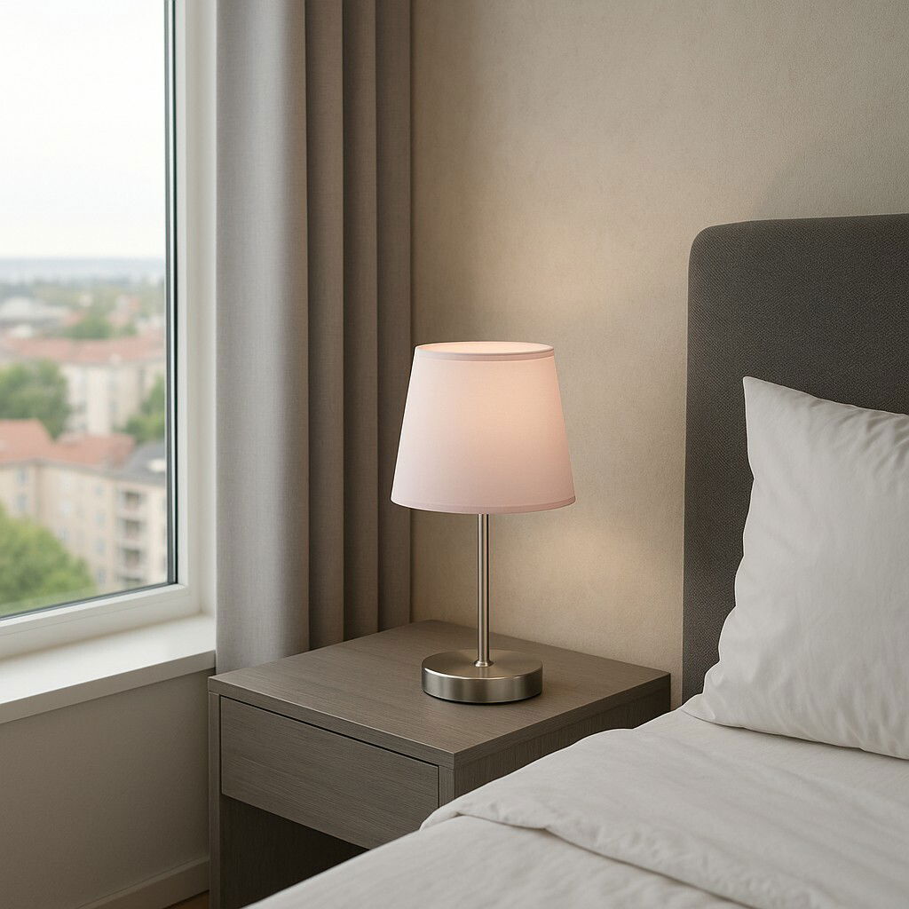 Moderne Tischleuchte mit weißem Lampenschirm auf einem Nachttisch neben einem Bett, seitliche Perspektive.