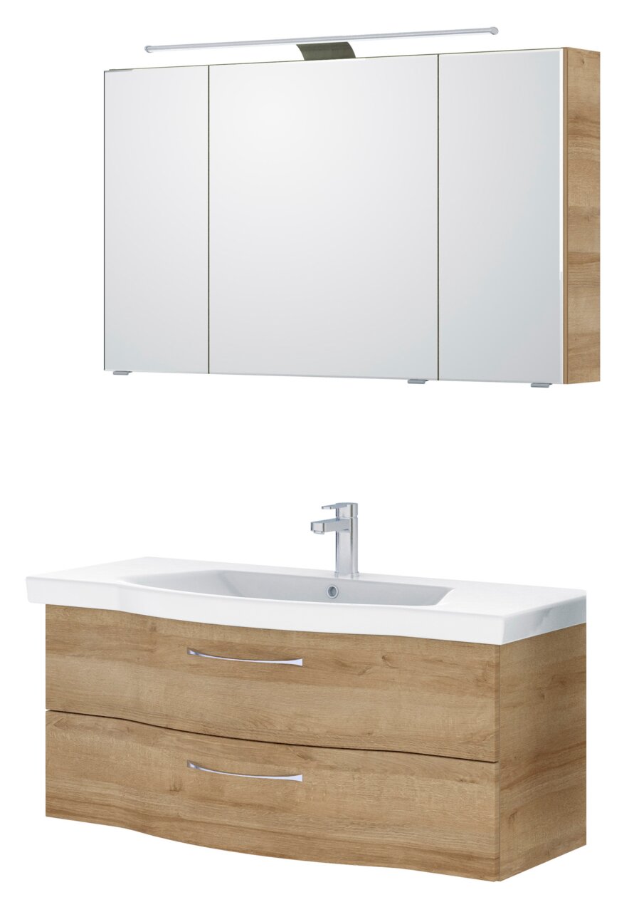 Moderner Badblock mit Holzoptik, bestehend aus einem Spiegelschrank mit Beleuchtung und einem Waschbeckenunterschrank mit zwei Schubladen, seitliche Perspektive.