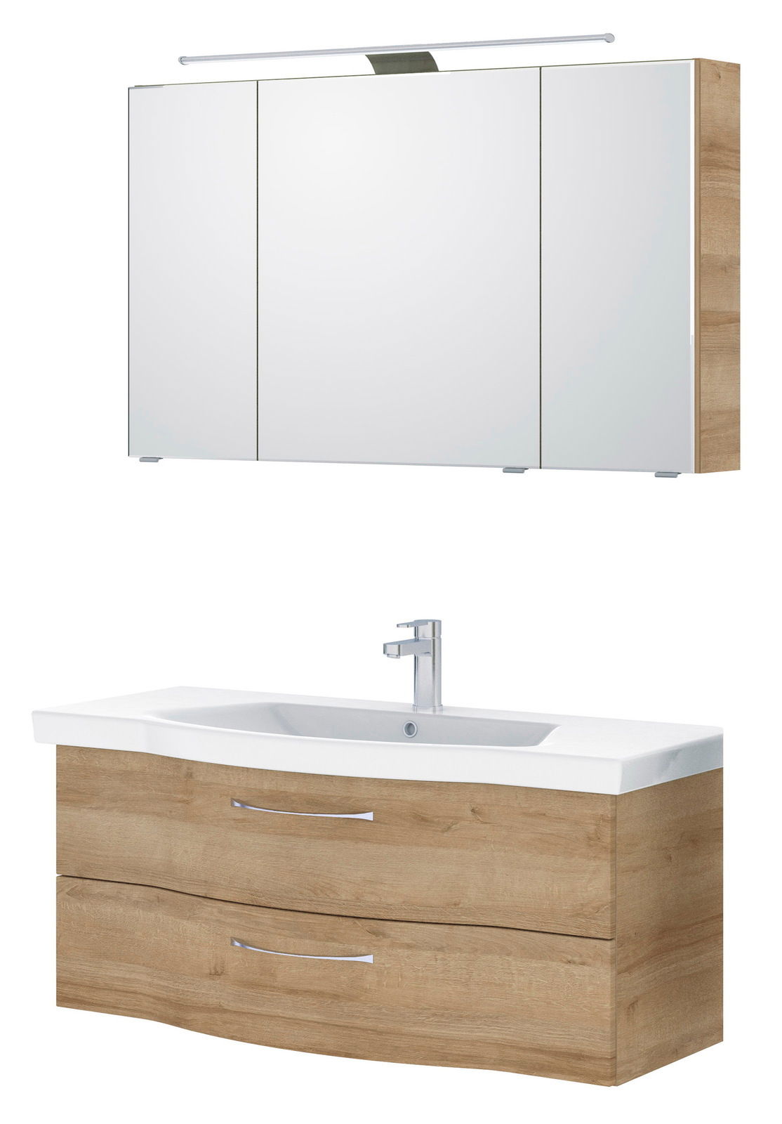 Moderner Badblock mit Holzoptik, bestehend aus einem Spiegelschrank mit Beleuchtung und einem Waschbeckenunterschrank mit zwei Schubladen, seitliche Perspektive.