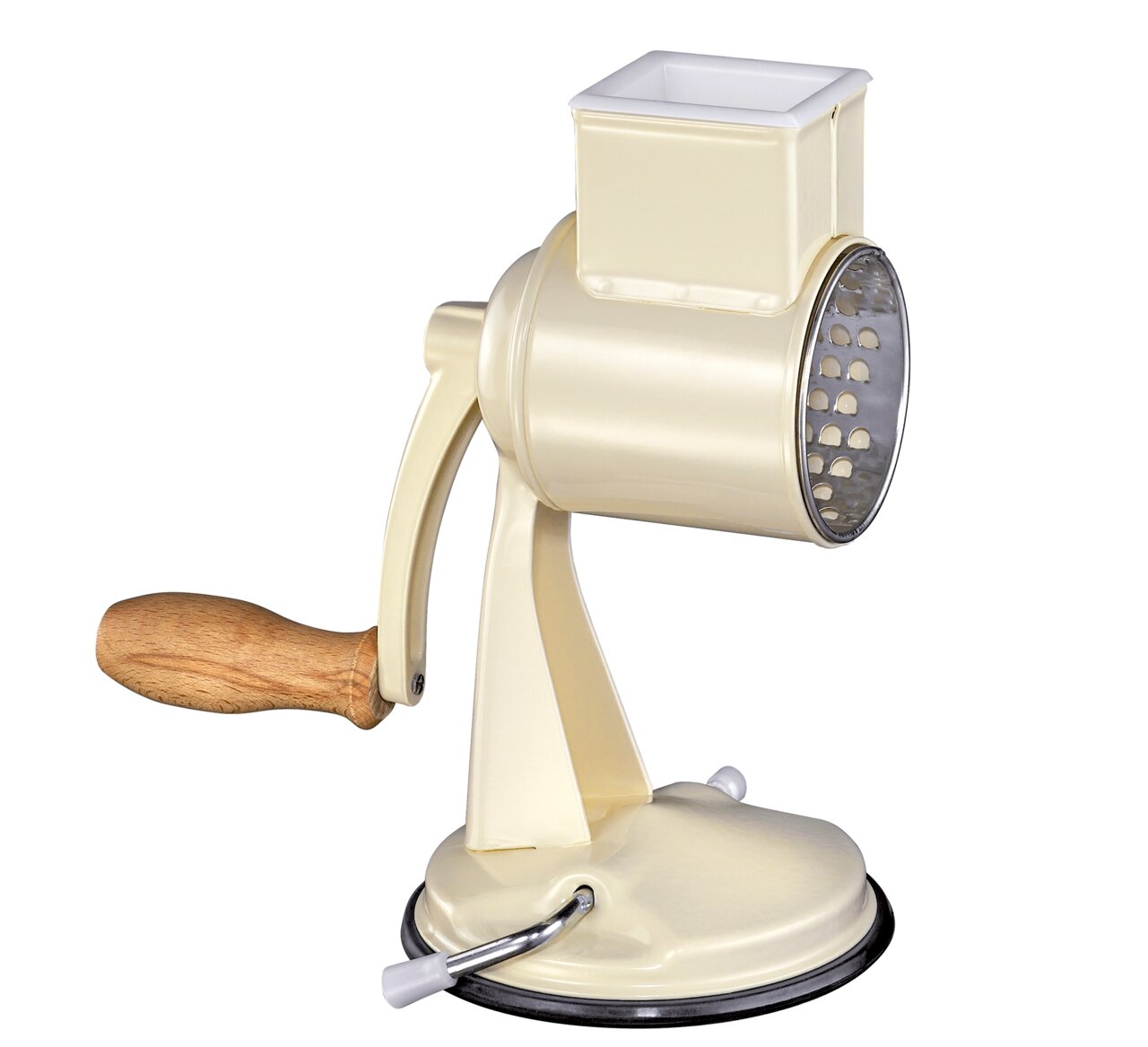 Zassenhaus Trommelreibe CLASSIC in creme, seitliche Ansicht mit Holzgriff und Saugfuß.