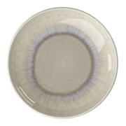 Runder, glasierter Keramik-Teller in Creme/Beige mit zart violettem Ringmuster, Draufsicht von oben