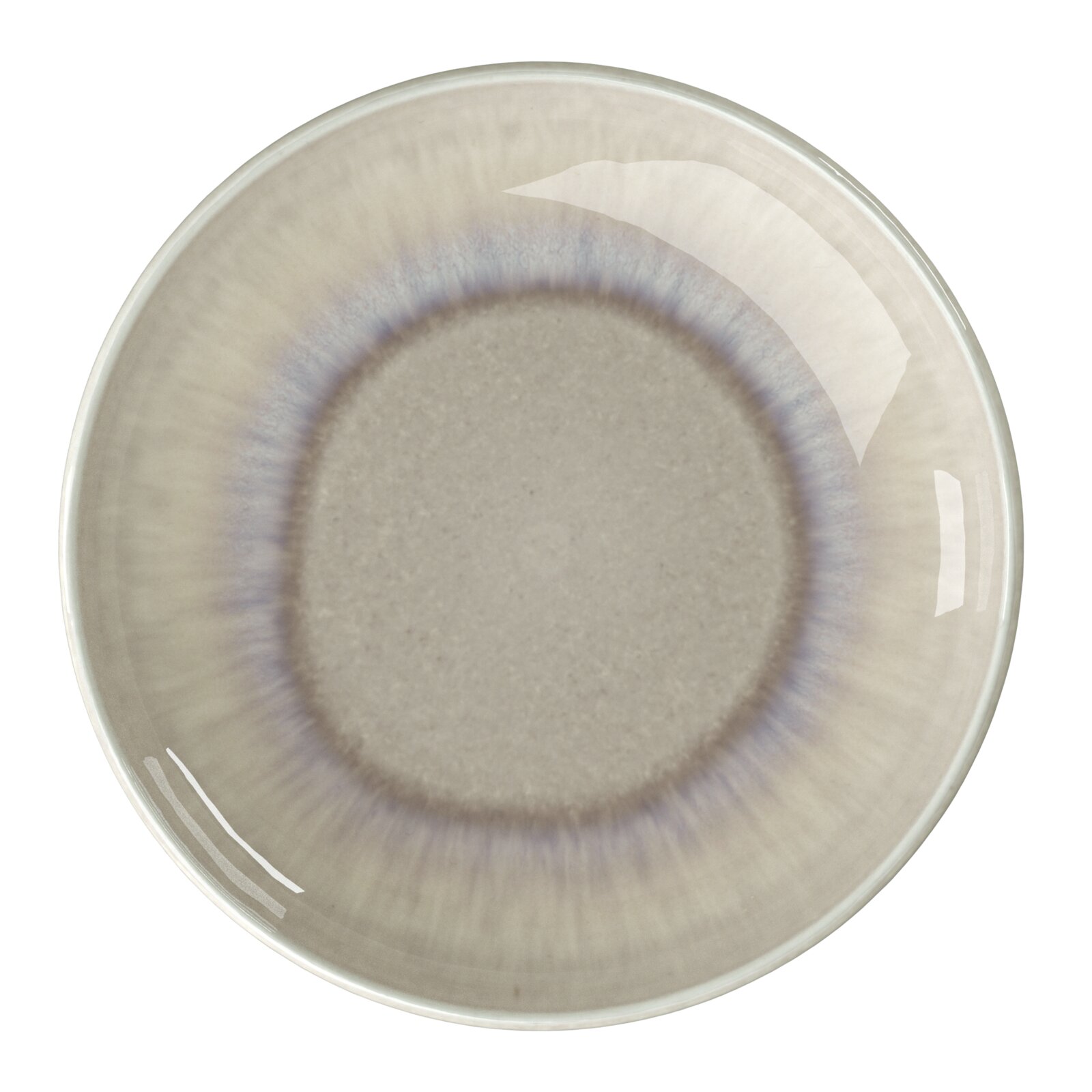 Runder, glasierter Keramik-Teller in Creme/Beige mit zart violettem Ringmuster, Draufsicht von oben