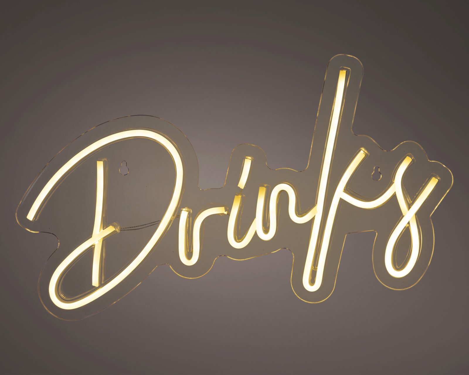 LED Neon Schild mit dem Schriftzug 'Drinks' in gelber Beleuchtung, seitliche Perspektive