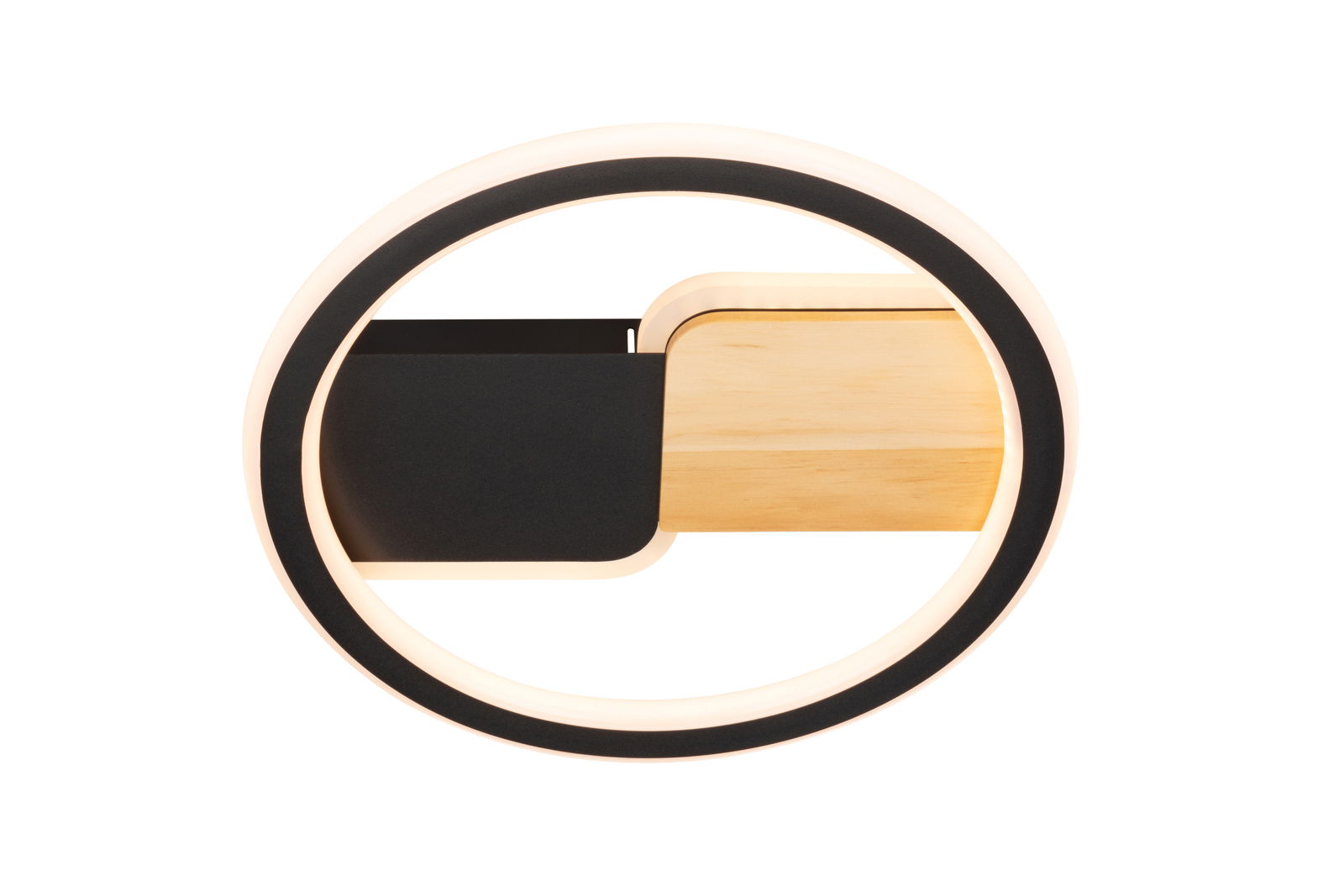 Moderne LED-Deckenleuchte in runder Form mit Holz- und Metallelementen, Ansicht von vorne